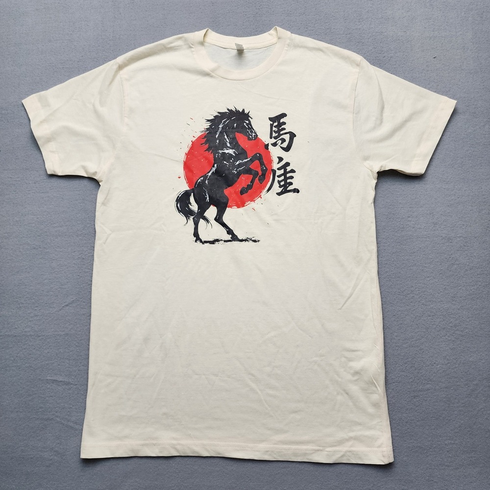 TeeLand Mens Japanese Horse Graphic T-Shirt Cream Red Sun Kanji Size M